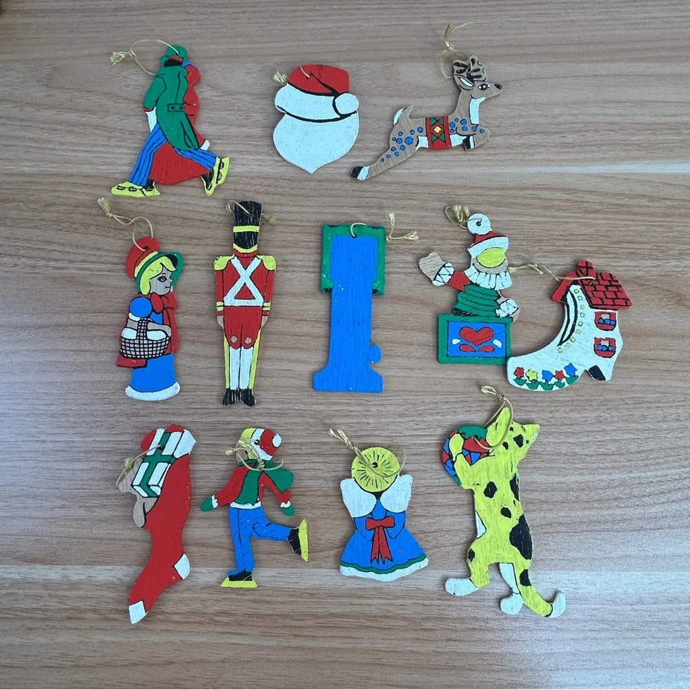 Lot Of 26 Vintage Wooden Christmas Ornaments Hand Painted Double Sided